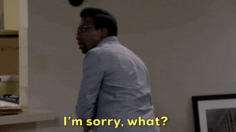 Image animée d'un acteur se retournant et disant "I'm sorry, what?"