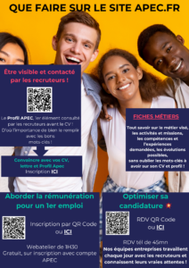 Un groupe de 4 jeunes en arrière-plan. Présentation des services APEC pour les étudiants et jeunes diplômés.